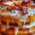 A toasted glazed donut grilled cheese sandwich with melted cheddar and crispy maple bacon