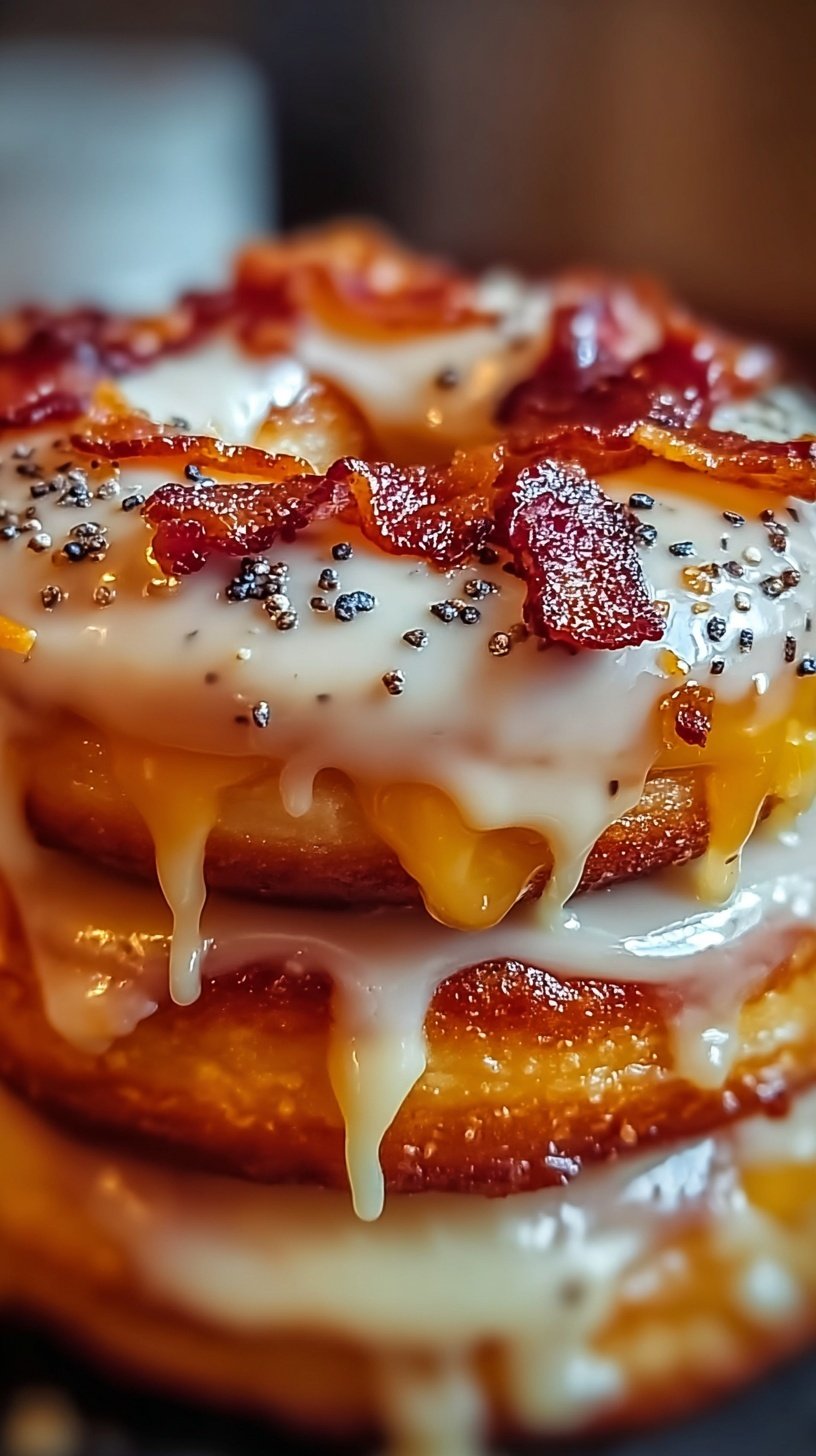 A toasted glazed donut grilled cheese sandwich with melted cheddar and crispy maple bacon