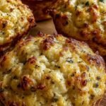 Golden brown savory cottage cheese muffins with melted cheddar and green onions in a muffin tin.