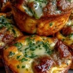 Golden brown pancake muffins filled with savory sausage crumbles in a muffin tin.