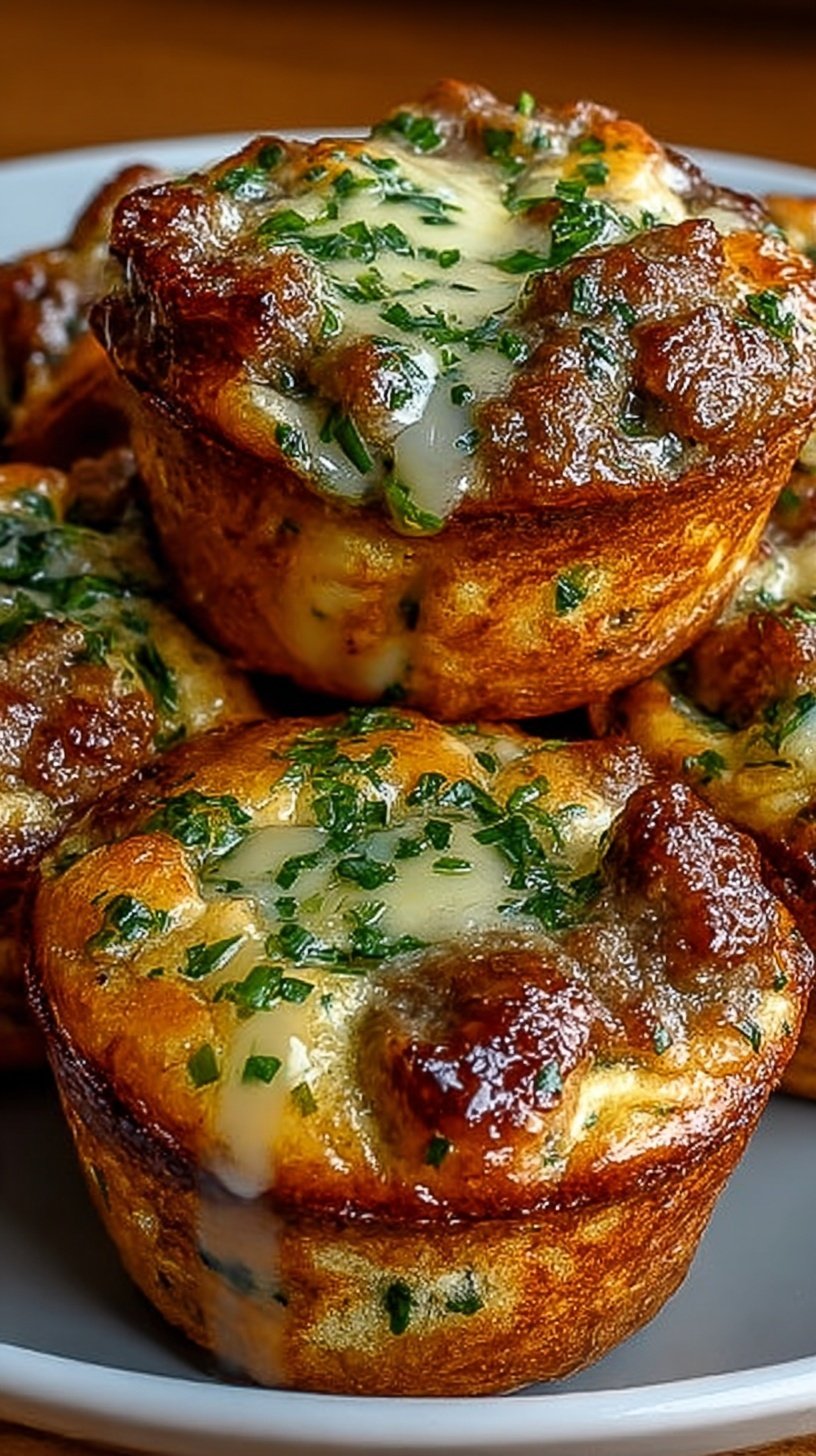 Golden brown pancake muffins filled with savory sausage crumbles in a muffin tin.