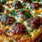 A golden brown breakfast sausage and cheese casserole in a white baking dish