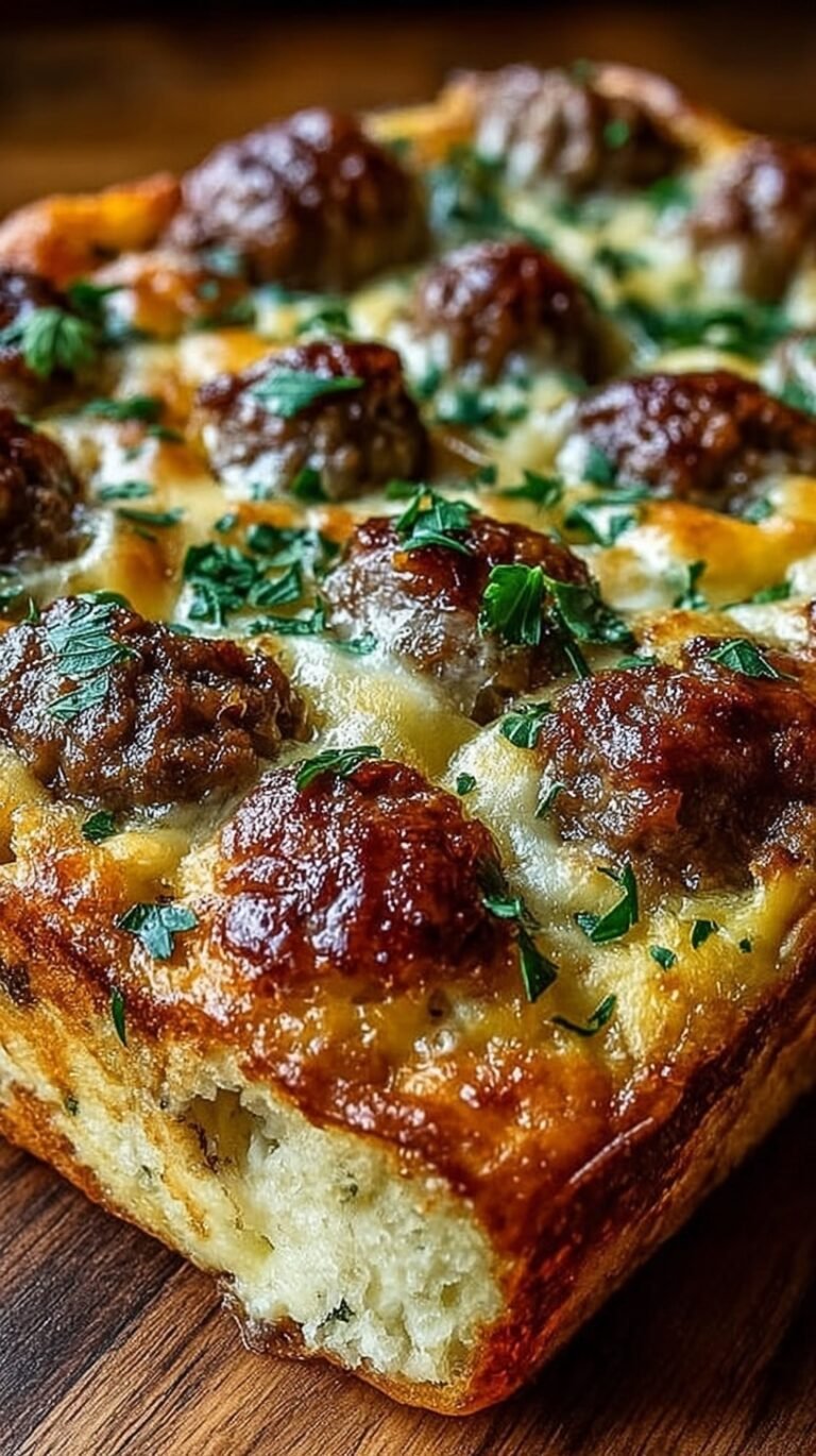 A golden brown breakfast sausage and cheese casserole in a white baking dish