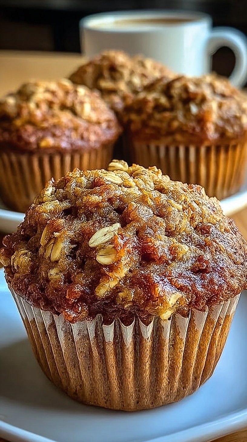 A stack of golden brown carrot oatmeal muffins on a wire cooling rack with shredded carrots nearby.