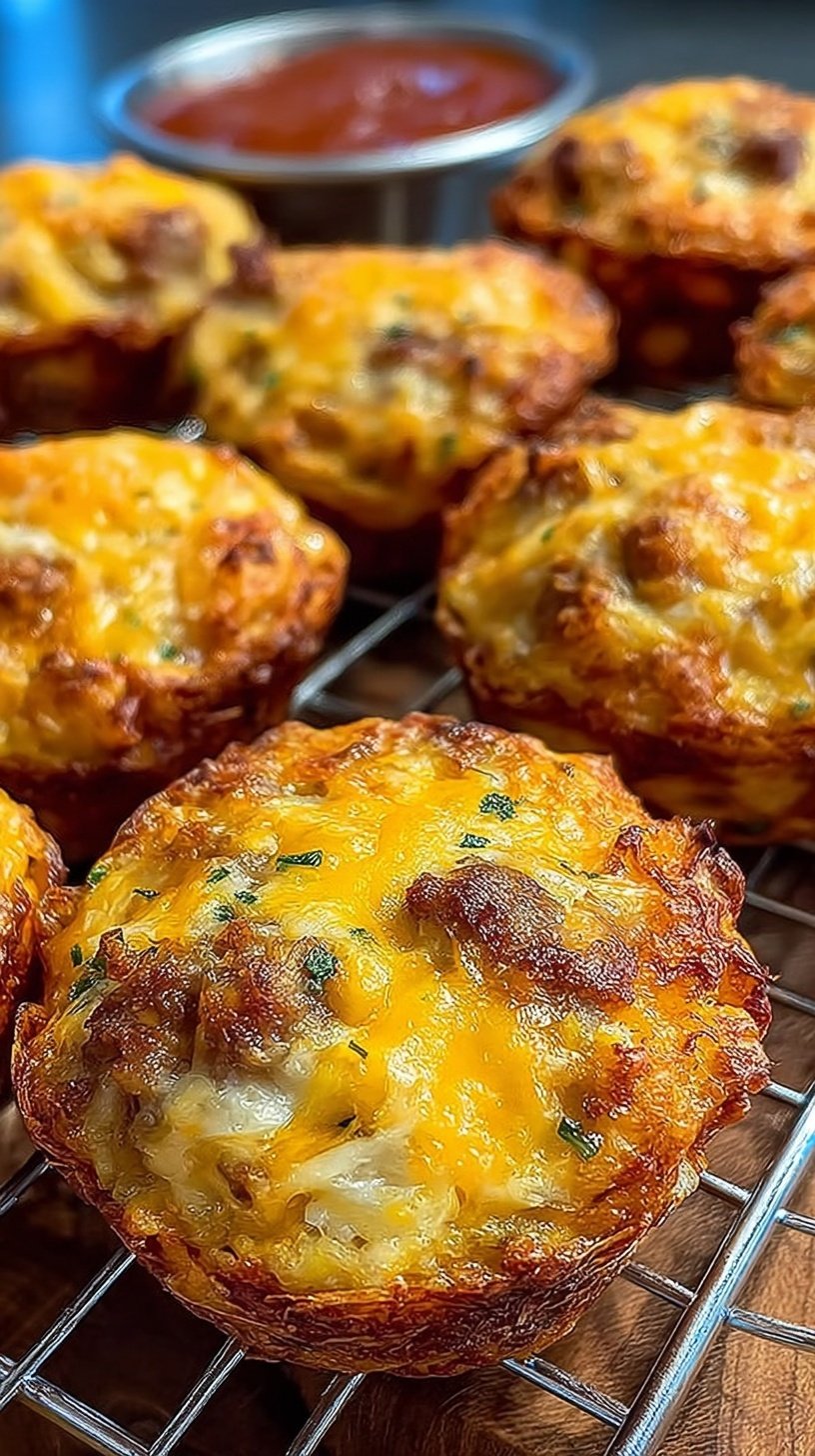 Golden brown sausage and hashbrown bites on a baking sheet