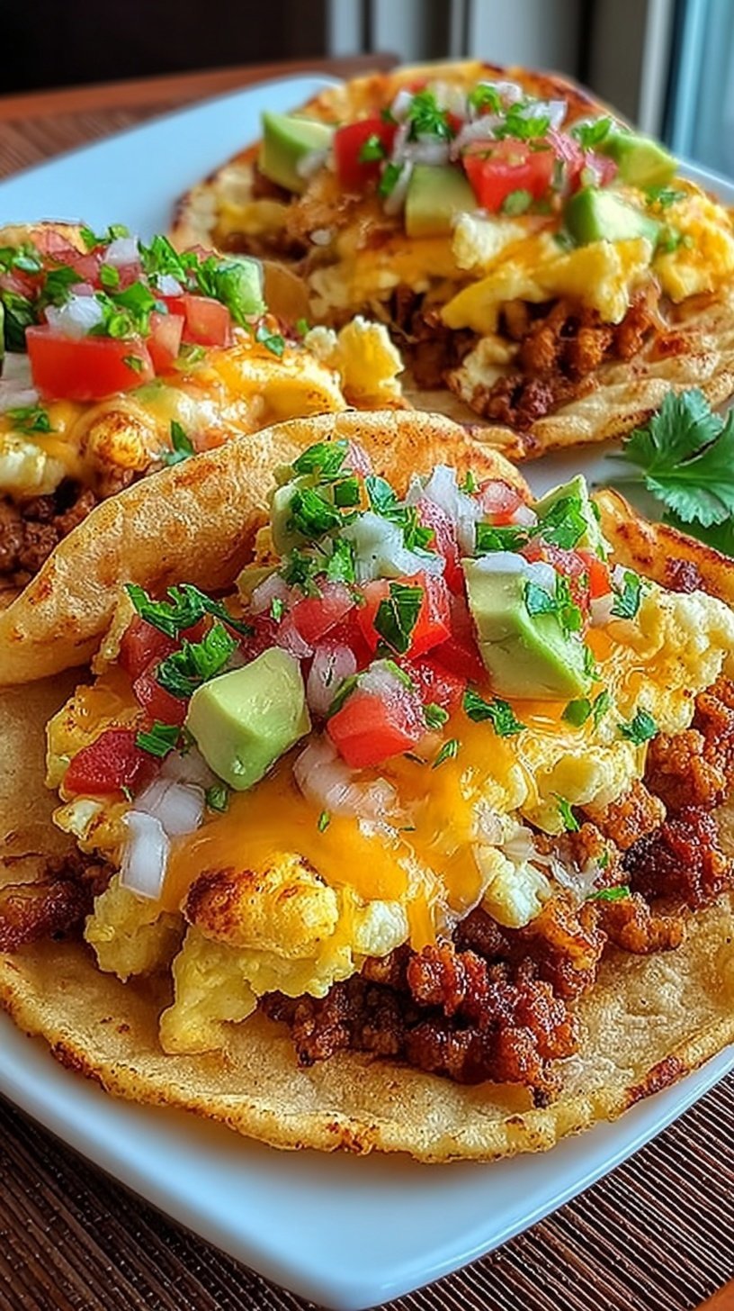 A stack of warm breakfast tacos filled with chorizo, eggs, and cheese