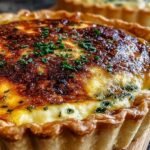 A golden brown Classic Quiche Lorraine sliced on a wooden board with fresh greens