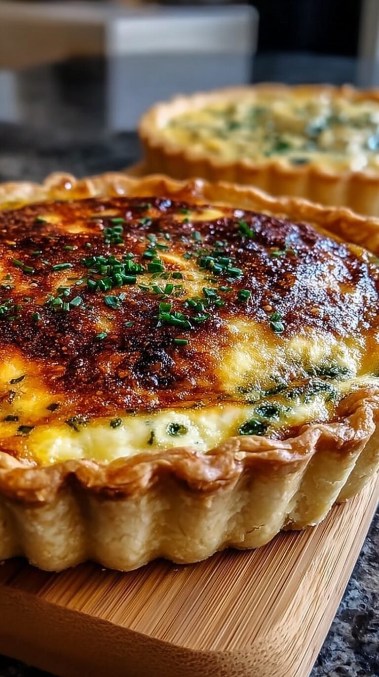 A golden brown Classic Quiche Lorraine sliced on a wooden board with fresh greens