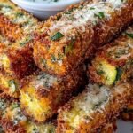 Golden brown crispy zucchini fries arranged on a plate with a side of dipping sauce.
