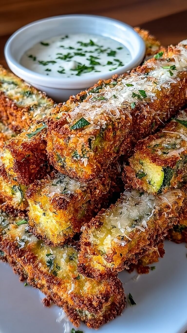 Golden brown crispy zucchini fries arranged on a plate with a side of dipping sauce.