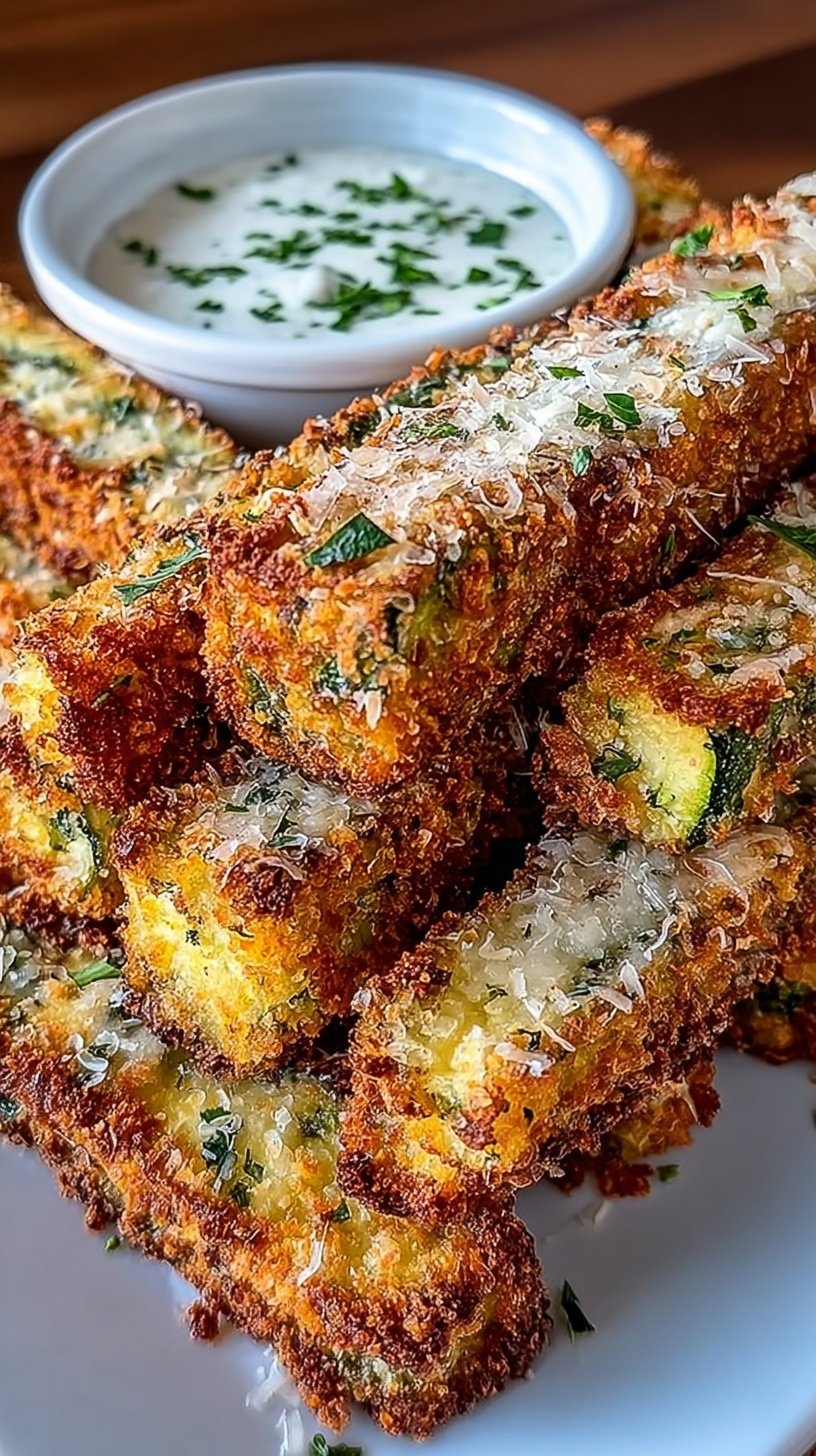 Golden brown crispy zucchini fries arranged on a plate with a side of dipping sauce.