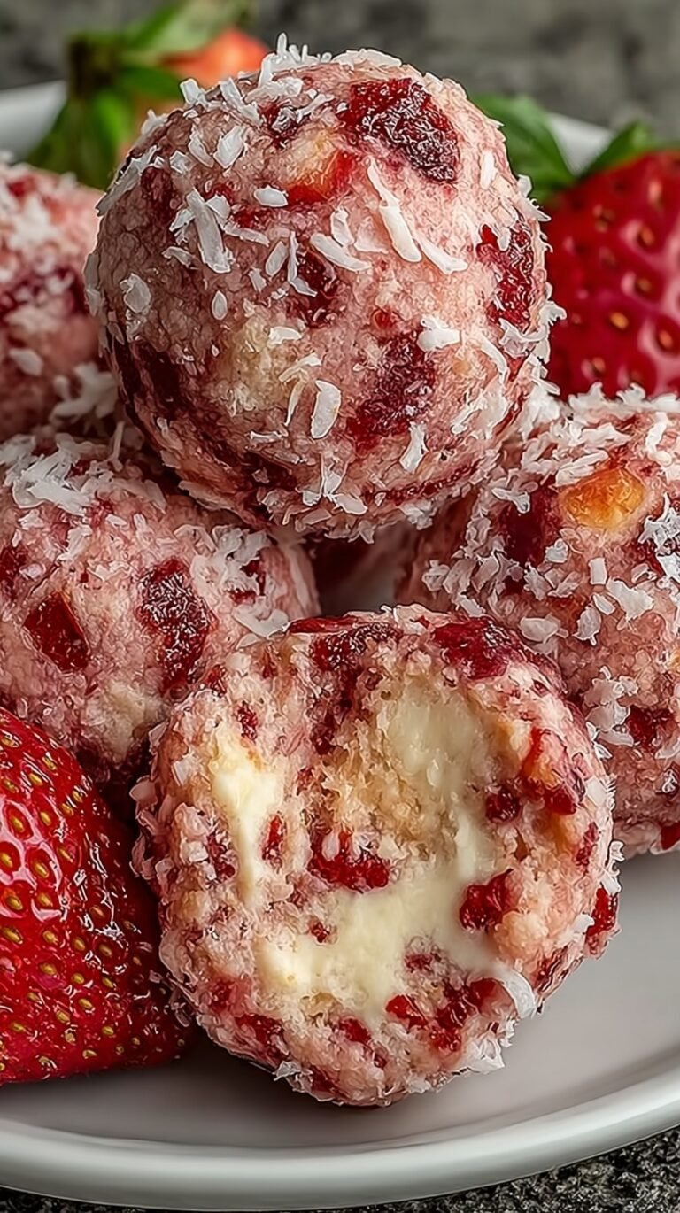 A plate of pink strawberry cheesecake protein balls dusted with crushed graham crackers and strawberry powder.