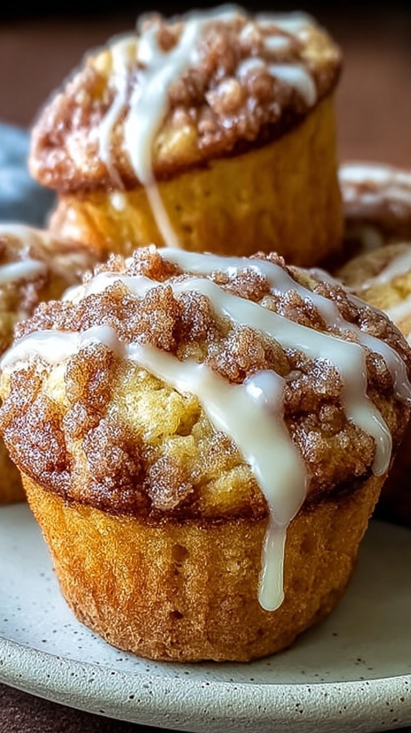 Golden brown cinnamon roll protein muffins with a white glaze drizzle on a cooling rack.