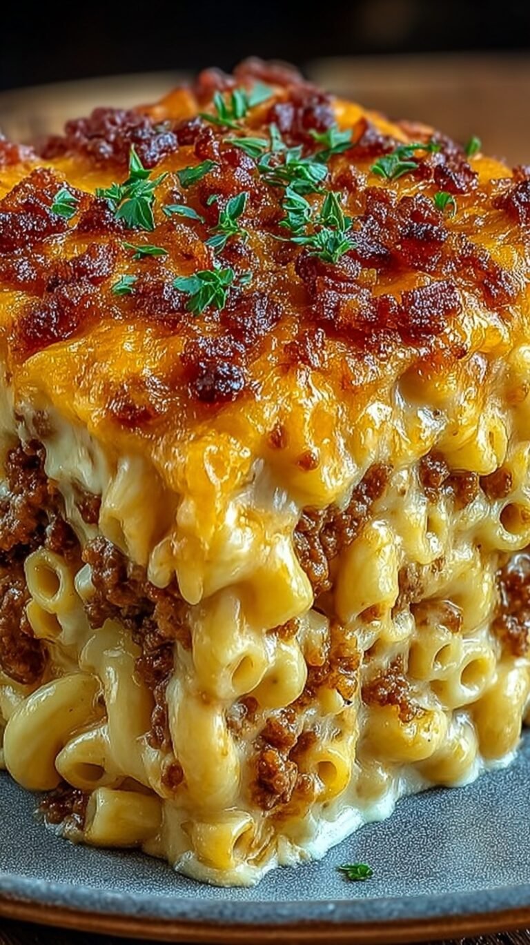 A bubbling dish of cheesy pasta topped with crispy bacon and golden breadcrumbs