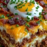 A hearty slow cooker breakfast casserole with sausage, eggs, and melted cheese