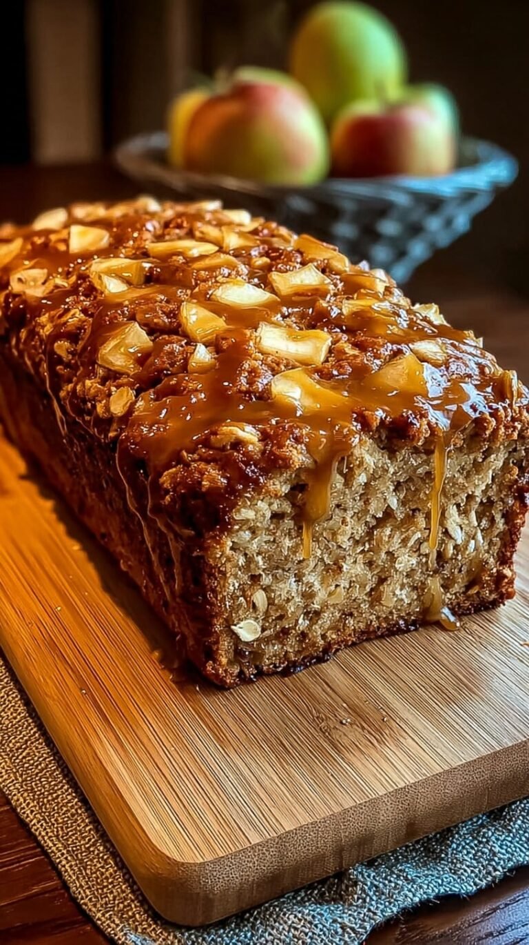 A golden brown apple cinnamon breakfast loaf sliced on a wooden board with fresh apples nearby.