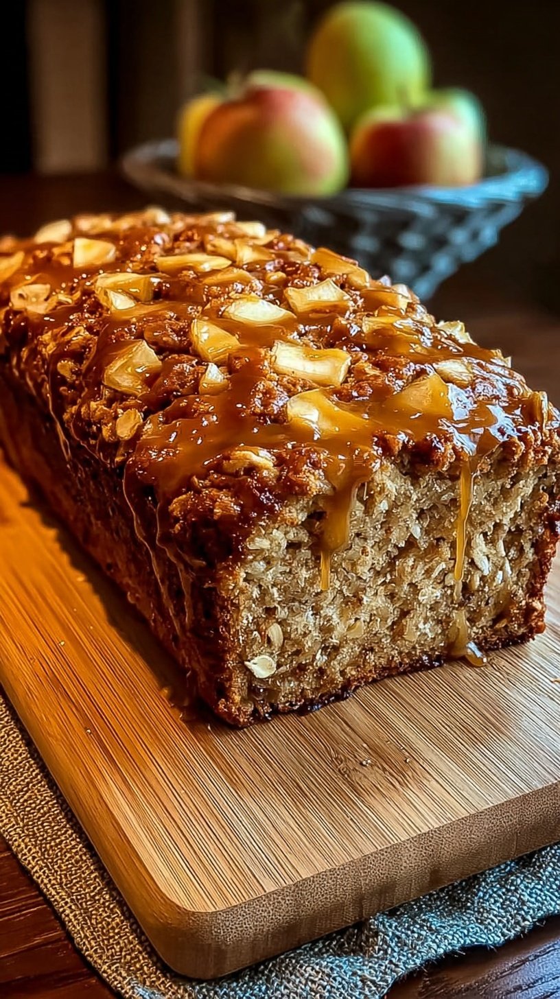 A golden brown apple cinnamon breakfast loaf sliced on a wooden board with fresh apples nearby.