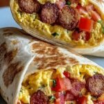 Three high-protein breakfast burritos wrapped in whole wheat tortillas showing scrambled eggs, turkey, and avocado.
