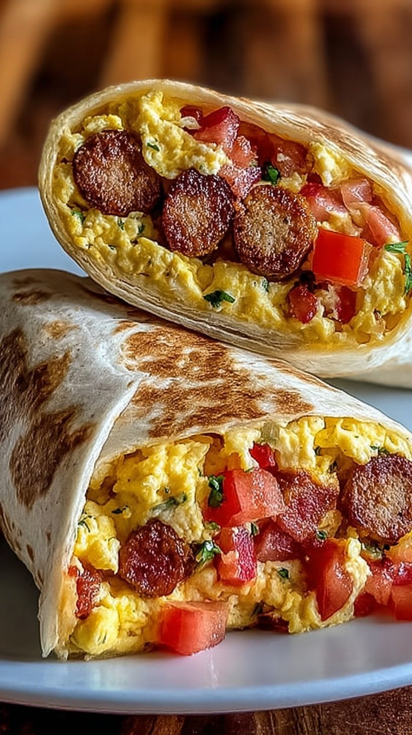 Three high-protein breakfast burritos wrapped in whole wheat tortillas showing scrambled eggs, turkey, and avocado.