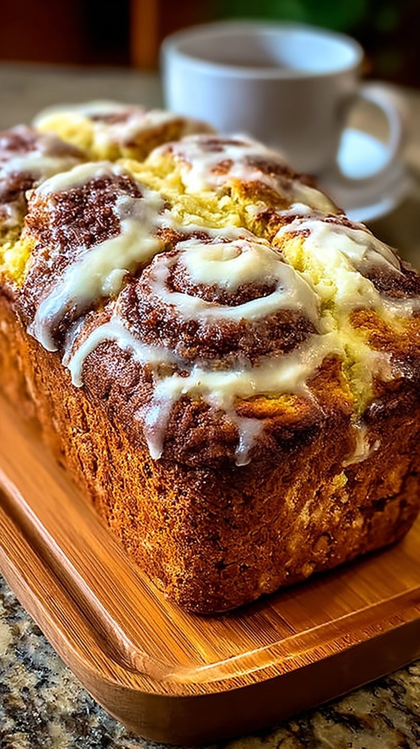 A golden loaf of High-Protein Cinnamon Roll Bread sliced on a wooden board showing cinnamon swirls.