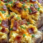 A golden breakfast pizza topped with scrambled eggs, melted cheddar cheese, crispy bacon bits, and fresh green onions.