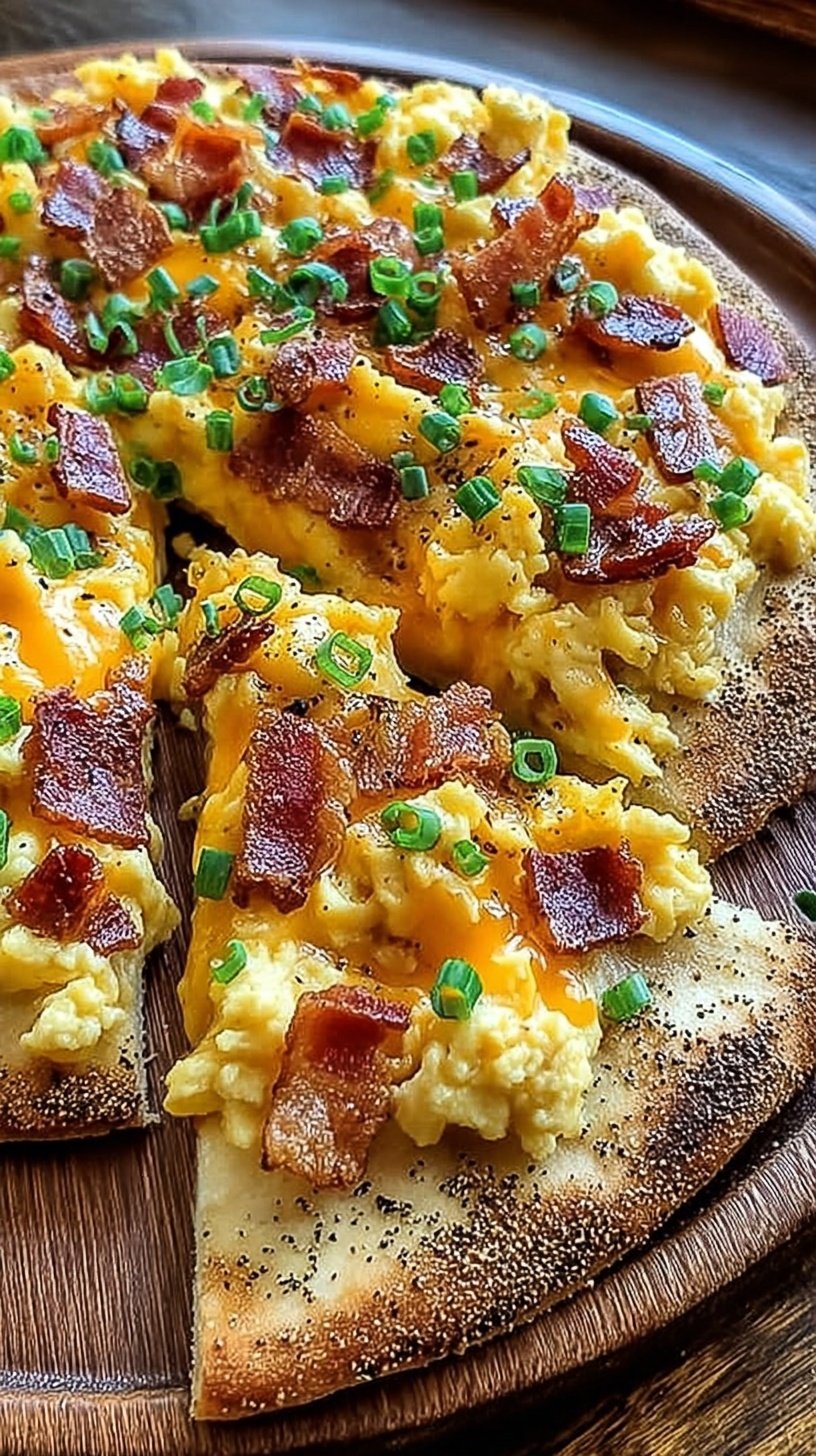 A golden breakfast pizza topped with scrambled eggs, melted cheddar cheese, crispy bacon bits, and fresh green onions.