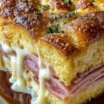 A golden brown Monte Cristo Breakfast Casserole dusted with powdered sugar and served with raspberry jam.
