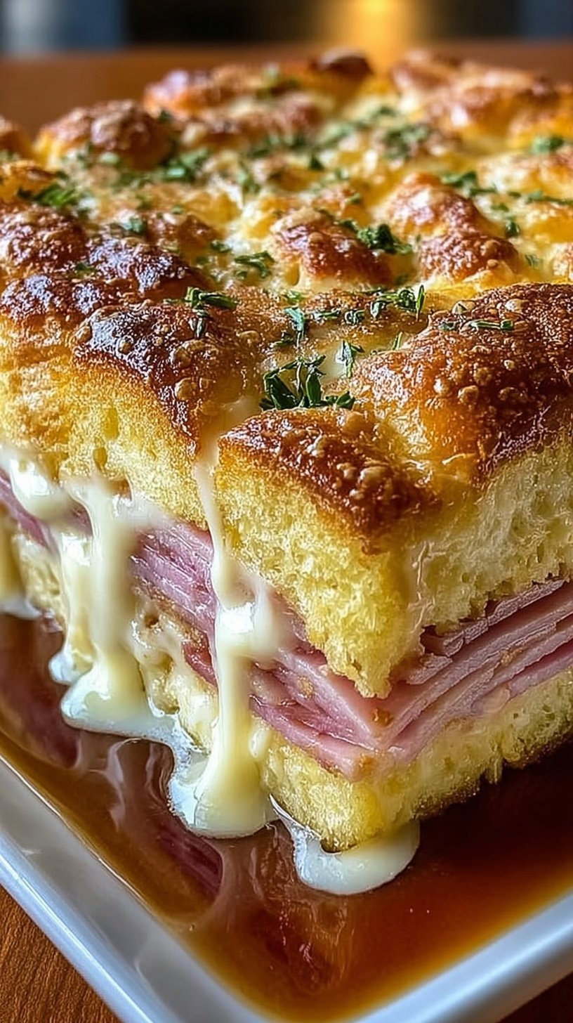 A golden brown Monte Cristo Breakfast Casserole dusted with powdered sugar and served with raspberry jam.