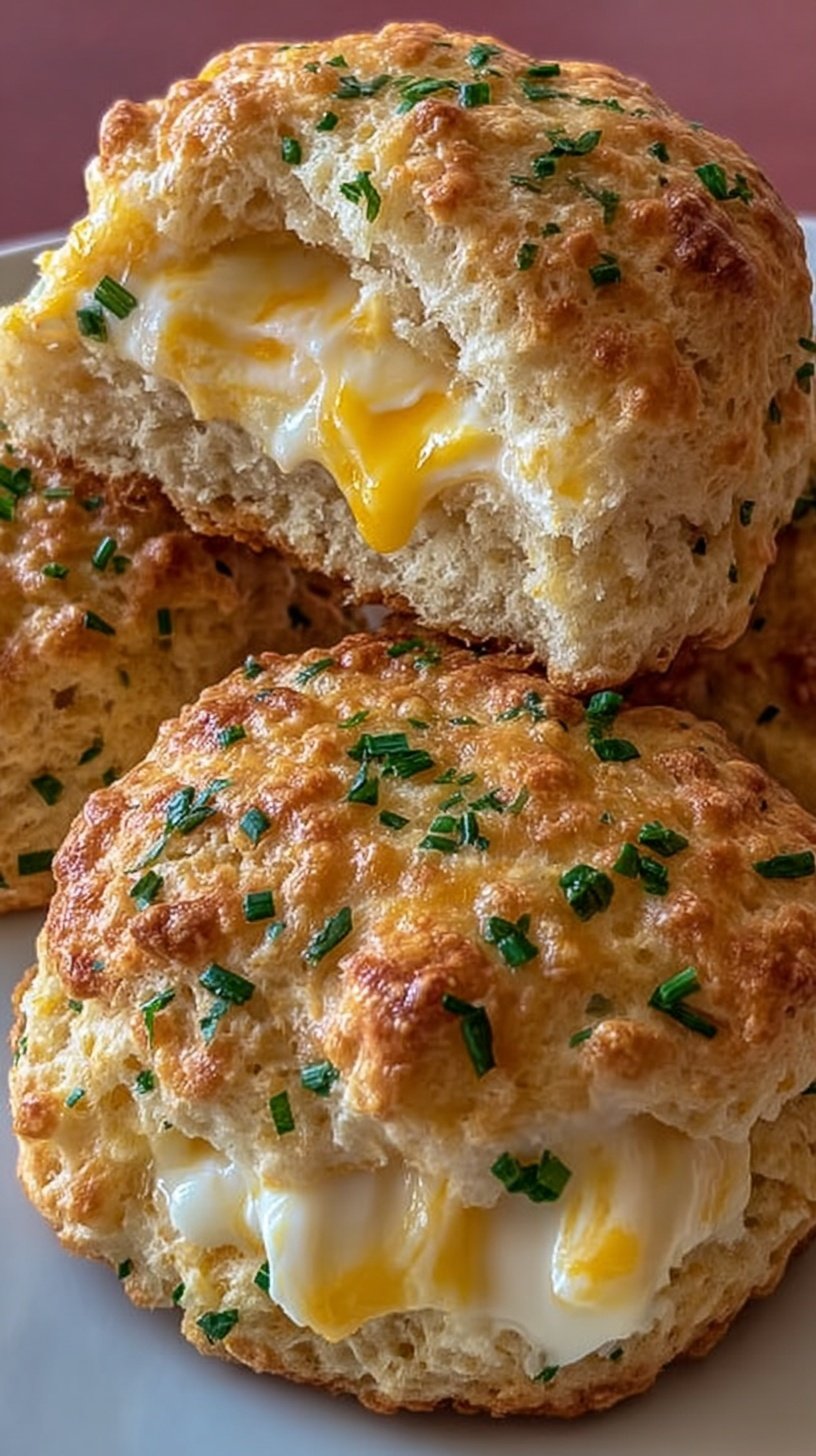 Golden brown protein biscuits with cheddar cheese and green chives on a baking sheet