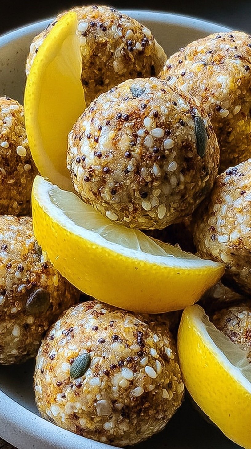 A plate of round lemon poppy seed energy bites with fresh lemon zest and oats.