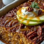 A golden brown baked apple oatmeal dish topped with diced apples and walnuts in a white baking dish.