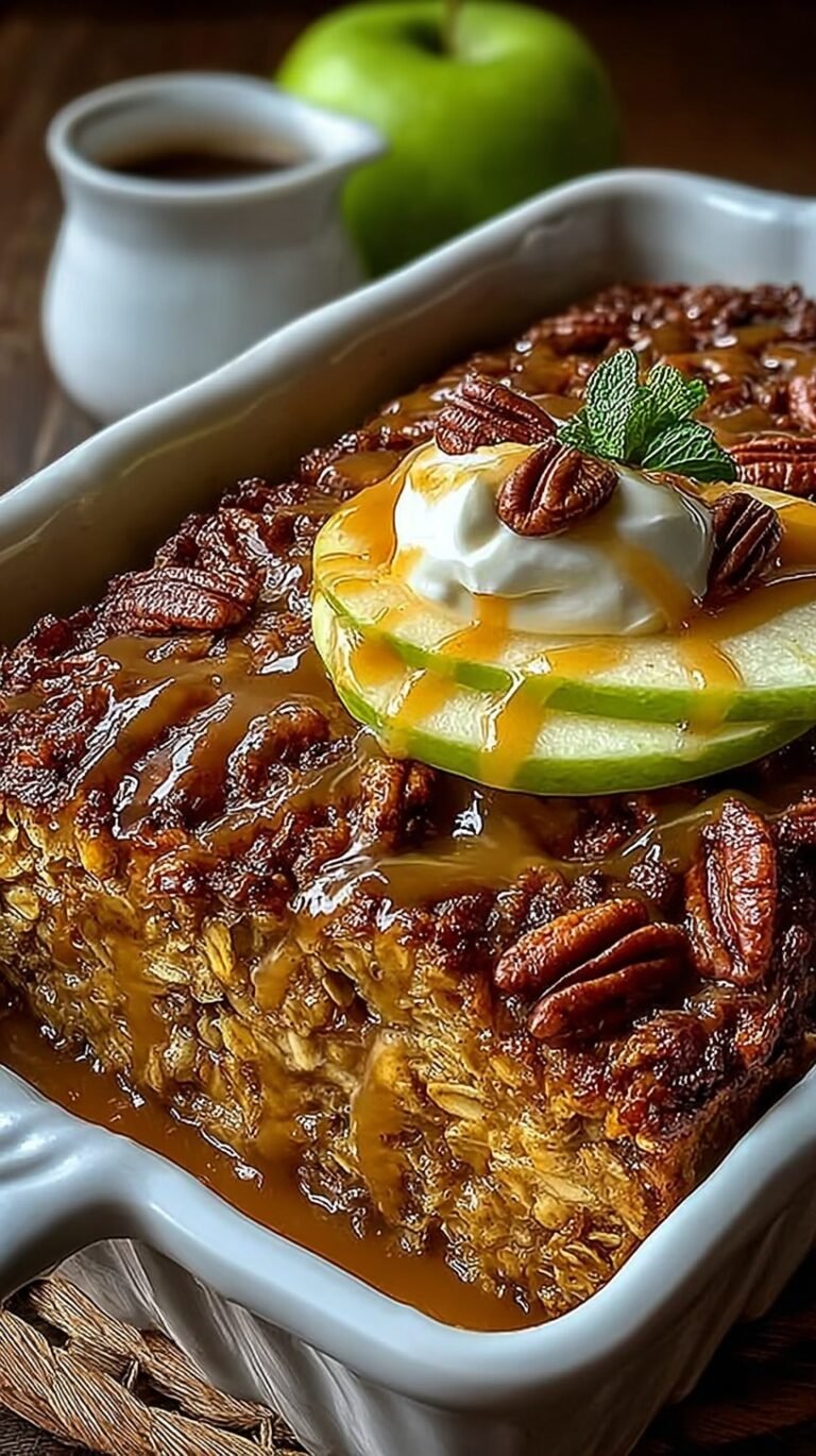 A golden brown baked apple oatmeal dish topped with diced apples and walnuts in a white baking dish.