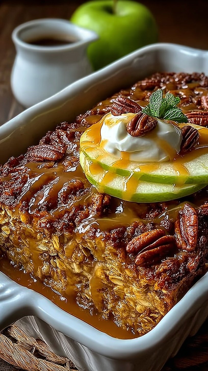 A golden brown baked apple oatmeal dish topped with diced apples and walnuts in a white baking dish.
