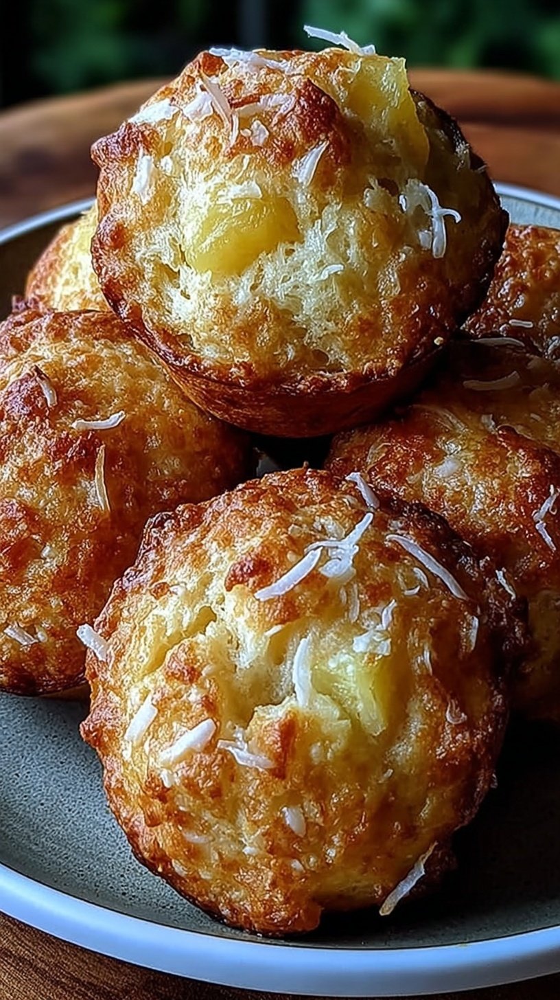 Golden brown coconut and pineapple muffins on a cooling rack