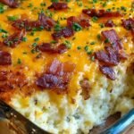 A golden brown breakfast casserole in a glass baking dish topped with melted cheese and green onions.