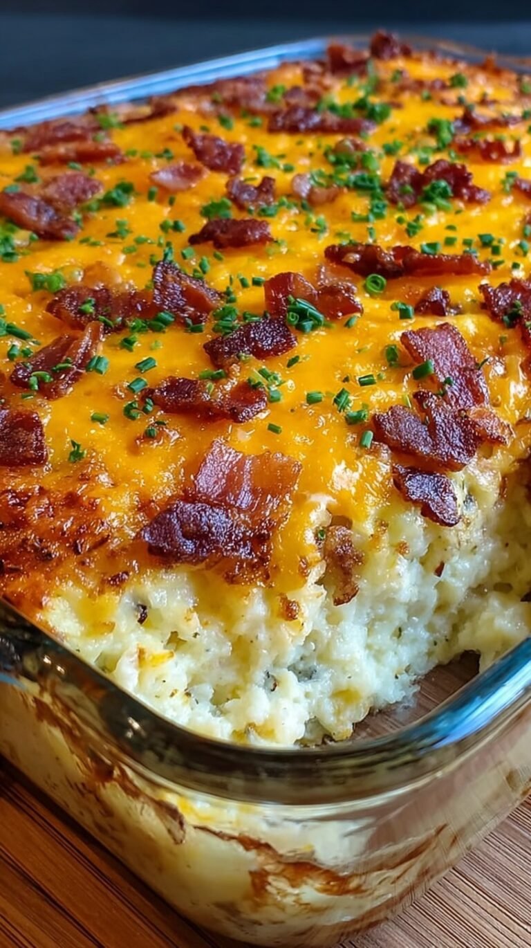 A golden brown breakfast casserole in a glass baking dish topped with melted cheese and green onions.