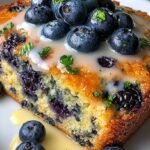 A golden-brown breakfast bake with fresh blueberries and lemon zest in a square dish.