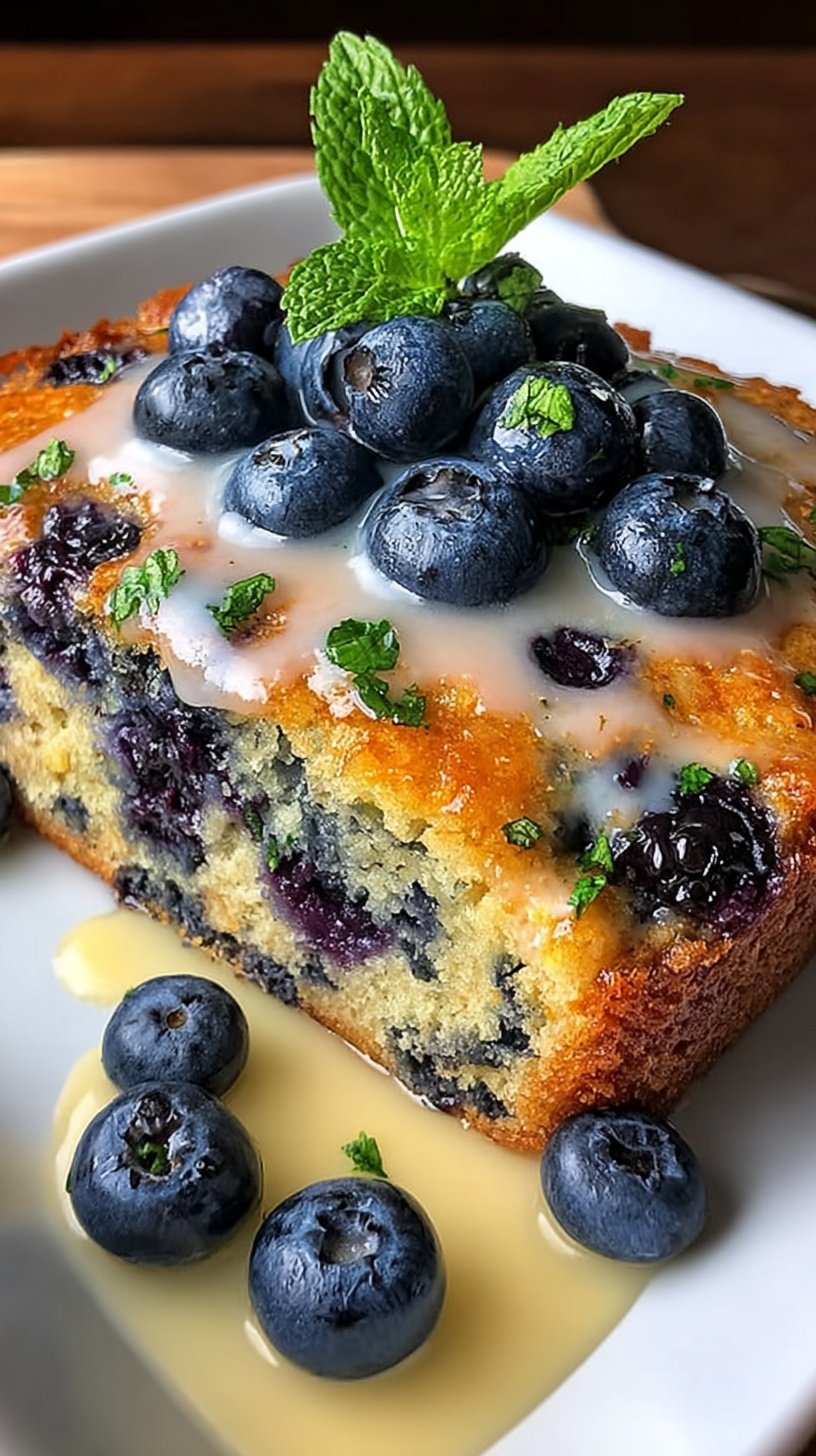 A golden-brown breakfast bake with fresh blueberries and lemon zest in a square dish.