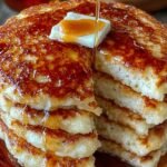 A stack of golden brown cottage cheese pancakes topped with maple syrup and fresh berries.