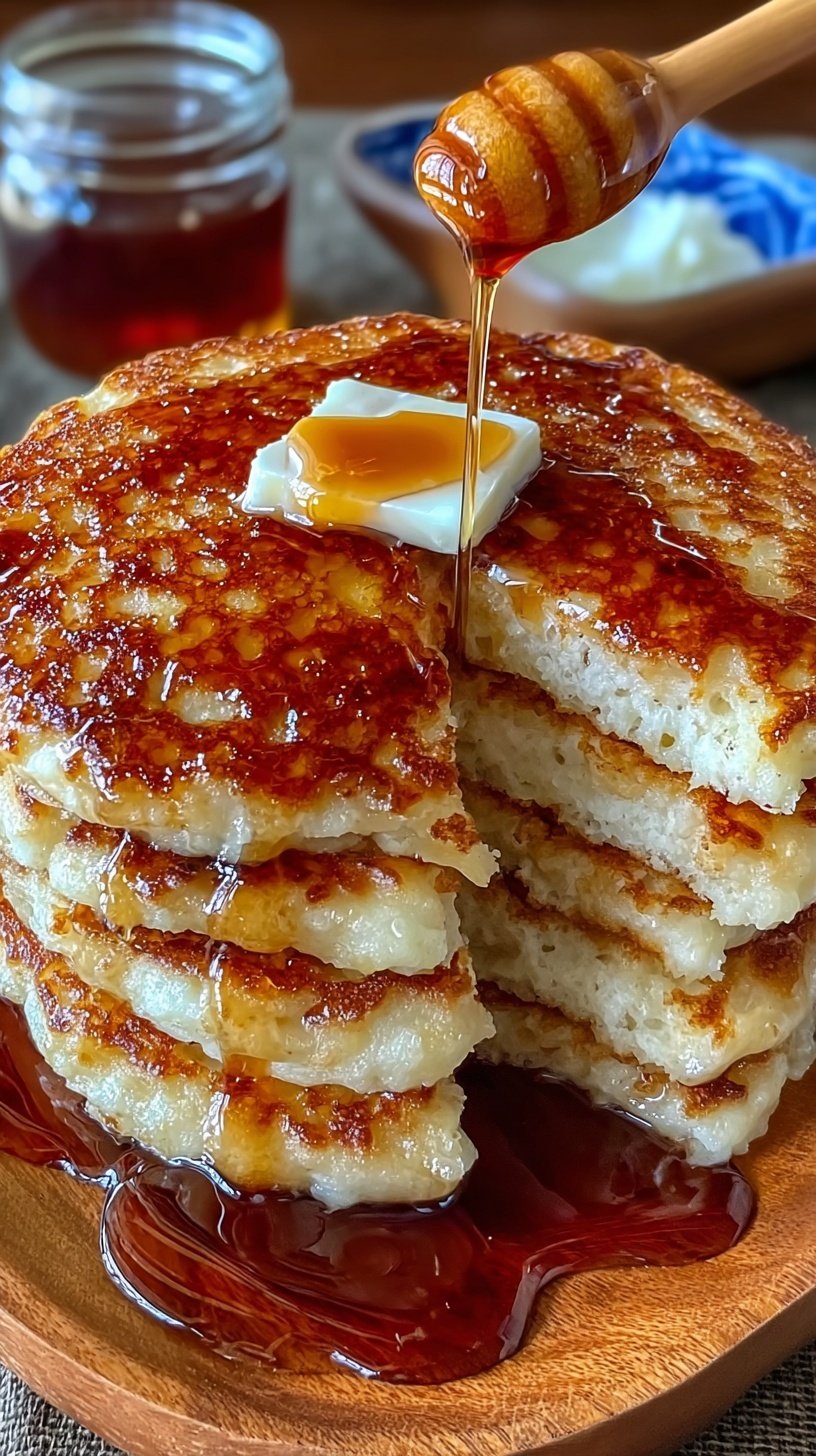 A stack of golden brown cottage cheese pancakes topped with maple syrup and fresh berries.
