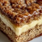 Golden baked oatmeal squares with a cinnamon swirl and cream cheese glaze on a white plate.
