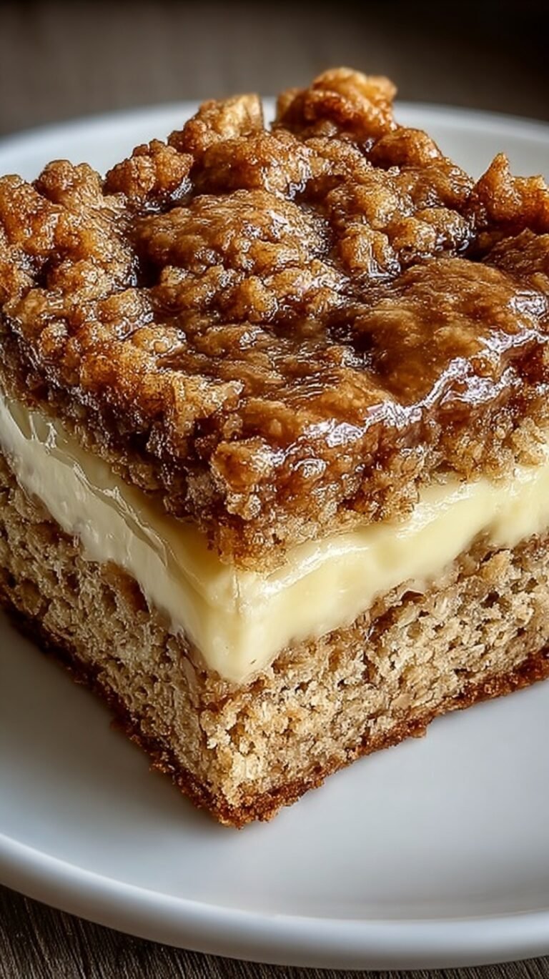 Golden baked oatmeal squares with a cinnamon swirl and cream cheese glaze on a white plate.