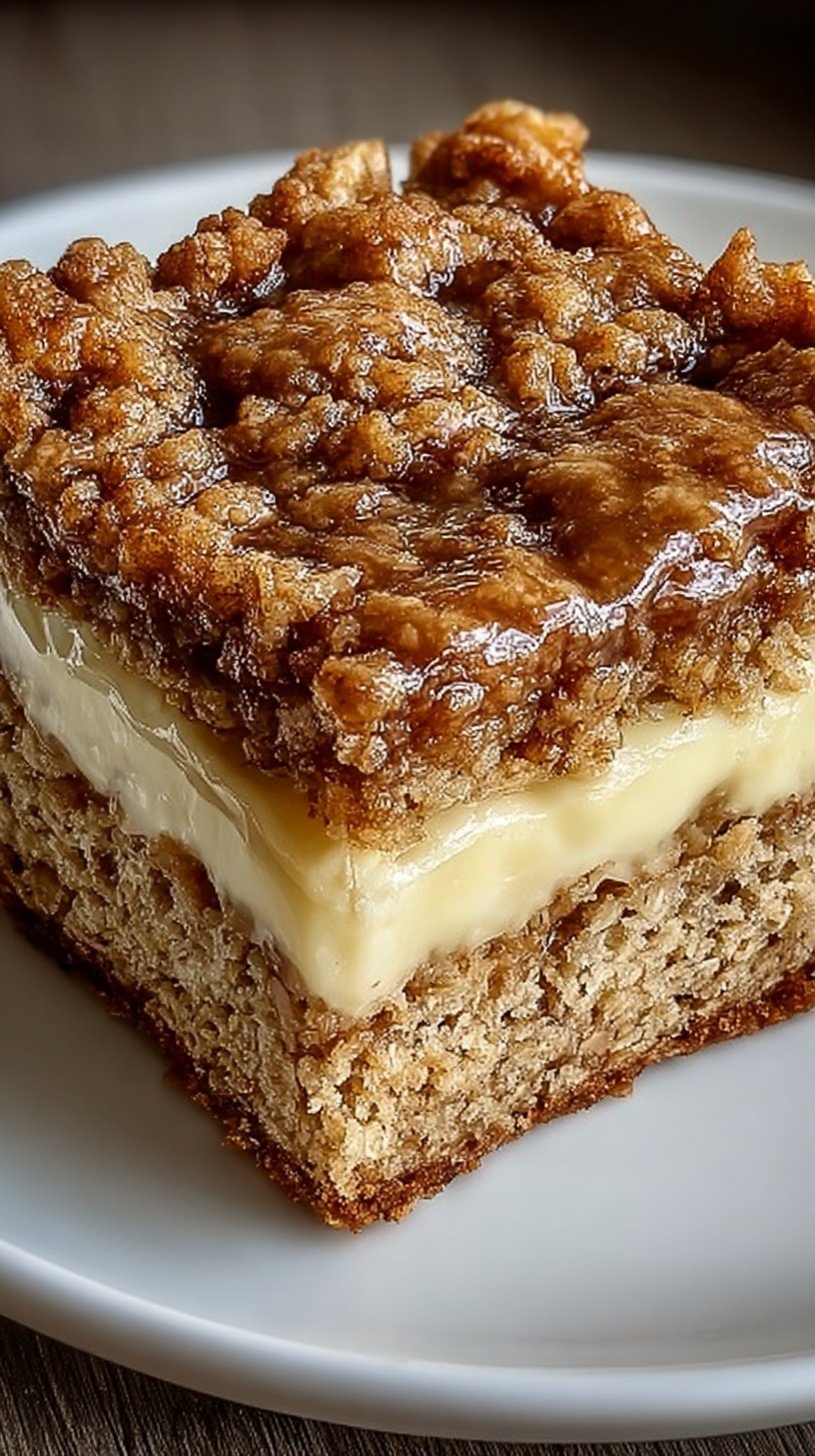 Golden baked oatmeal squares with a cinnamon swirl and cream cheese glaze on a white plate.