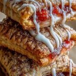 Golden brown homemade pop tarts with a sweet white glaze on a baking sheet.