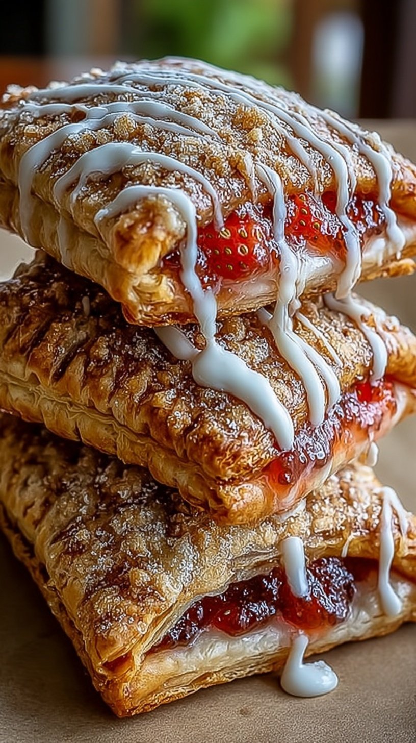 Golden brown homemade pop tarts with a sweet white glaze on a baking sheet.
