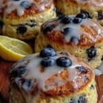 Golden brown flaky blueberry biscuits drizzled with white lemon glaze on a parchment-lined baking sheet.