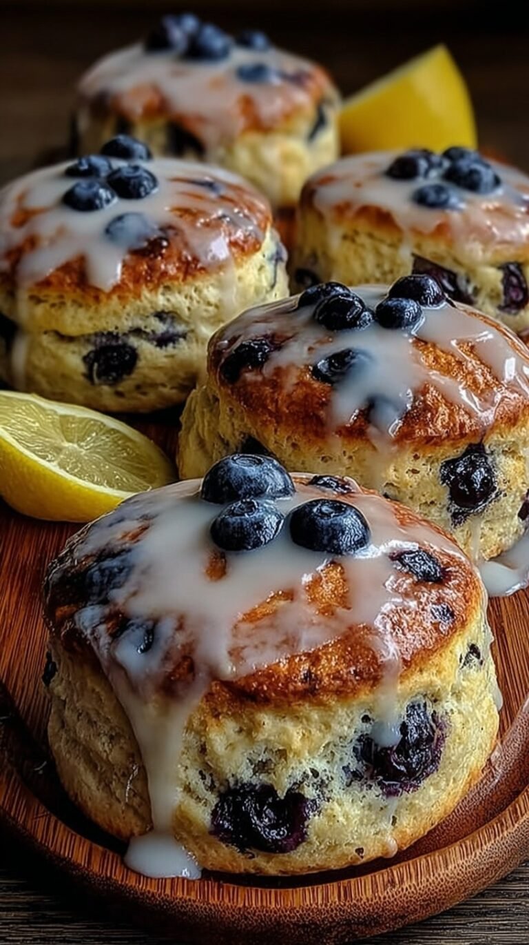 Golden brown flaky blueberry biscuits drizzled with white lemon glaze on a parchment-lined baking sheet.