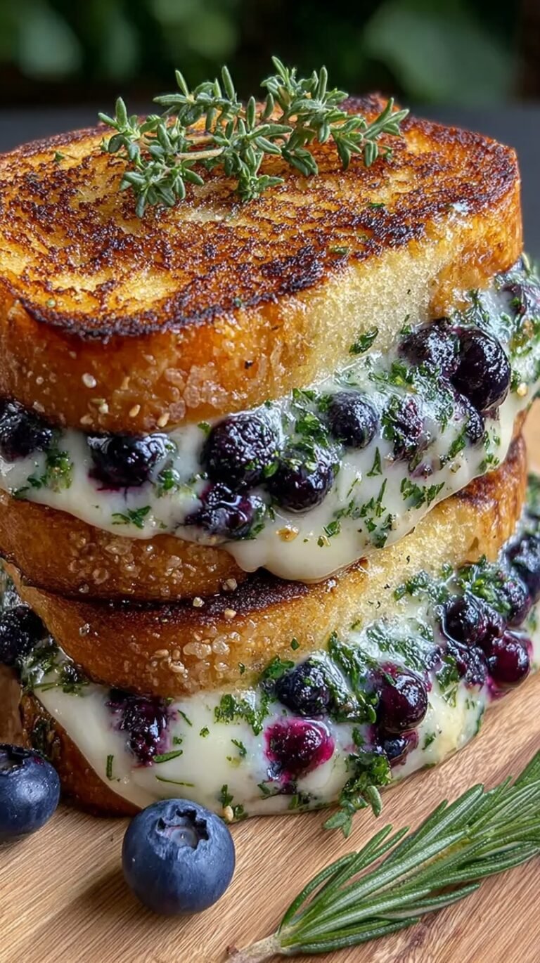 A toasted gourmet blueberry grilled cheese sandwich with melted white cheddar and purple berry jam on sourdough bread