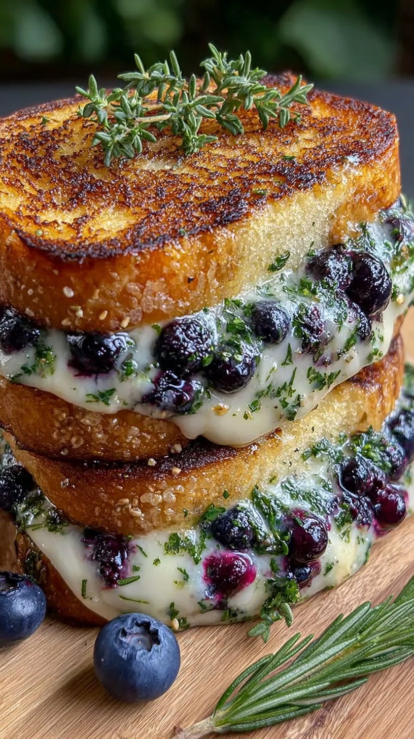 A toasted gourmet blueberry grilled cheese sandwich with melted white cheddar and purple berry jam on sourdough bread