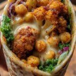 A fresh Chili Lime Chickpea Wrap filled with roasted cauliflower, crunchy chickpeas, and creamy cilantro sauce